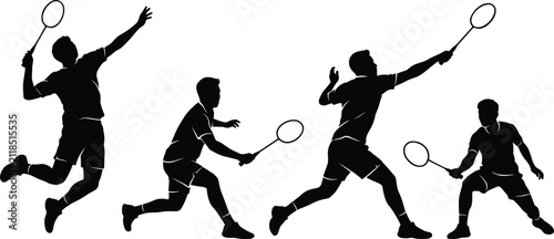Set of black silhouettes of badminton players showing different action poses and strokes on white background