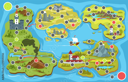 Board fantasy map game. Fantasy adventure design, islands, castles, villages, mountains and quest routes, windmill and ship, rpg travel progression, qualitative vector cartoon concept