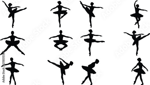 Set of black silhouettes of ballet dancers showing graceful poses and dance movements on white background