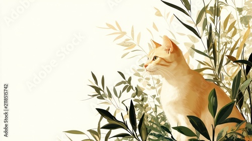 Ginger Cat in Verdant Foliage: A striking ginger cat, with alert eyes and subtle stripes, is nestled amongst lush green leaves and delicate branches, observing its surroundings with a quiet intensity.