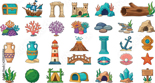 Fotografie Nautical Seafloor Vignette and Fish Tank Decoration Vector Element Sheet Featuri