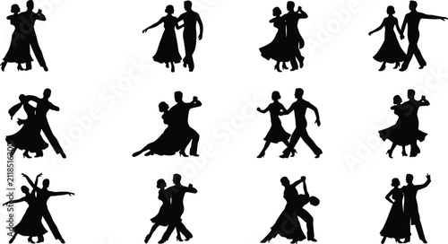 Set of black silhouettes of couple dancers showing ballroom dancing poses and romantic movements