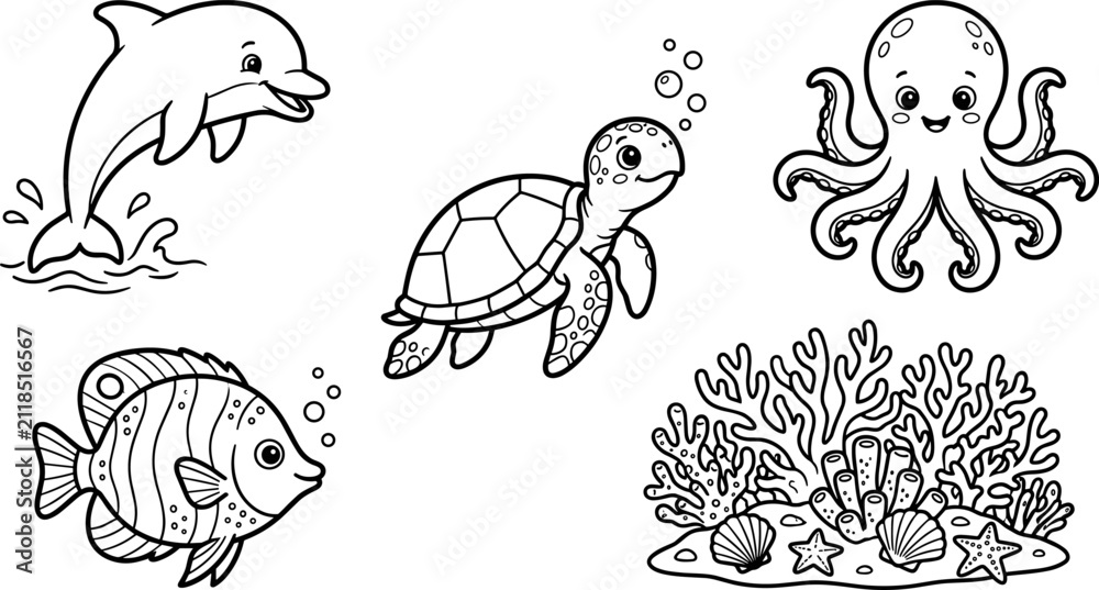 Fototapeta premium Cute Sea Animals and Underwater Ocean Creatures Coloring Page Vector Illustration Set