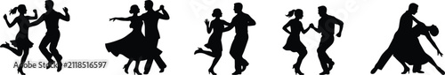 Set of detailed black couple dancing silhouettes showing different social and ballroom dance postures in motion