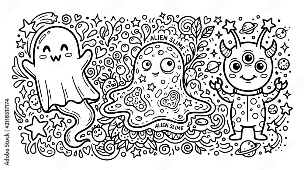 Obraz premium Cute doodle monsters: ghost, slime, alien with stars and swirls, black and white
