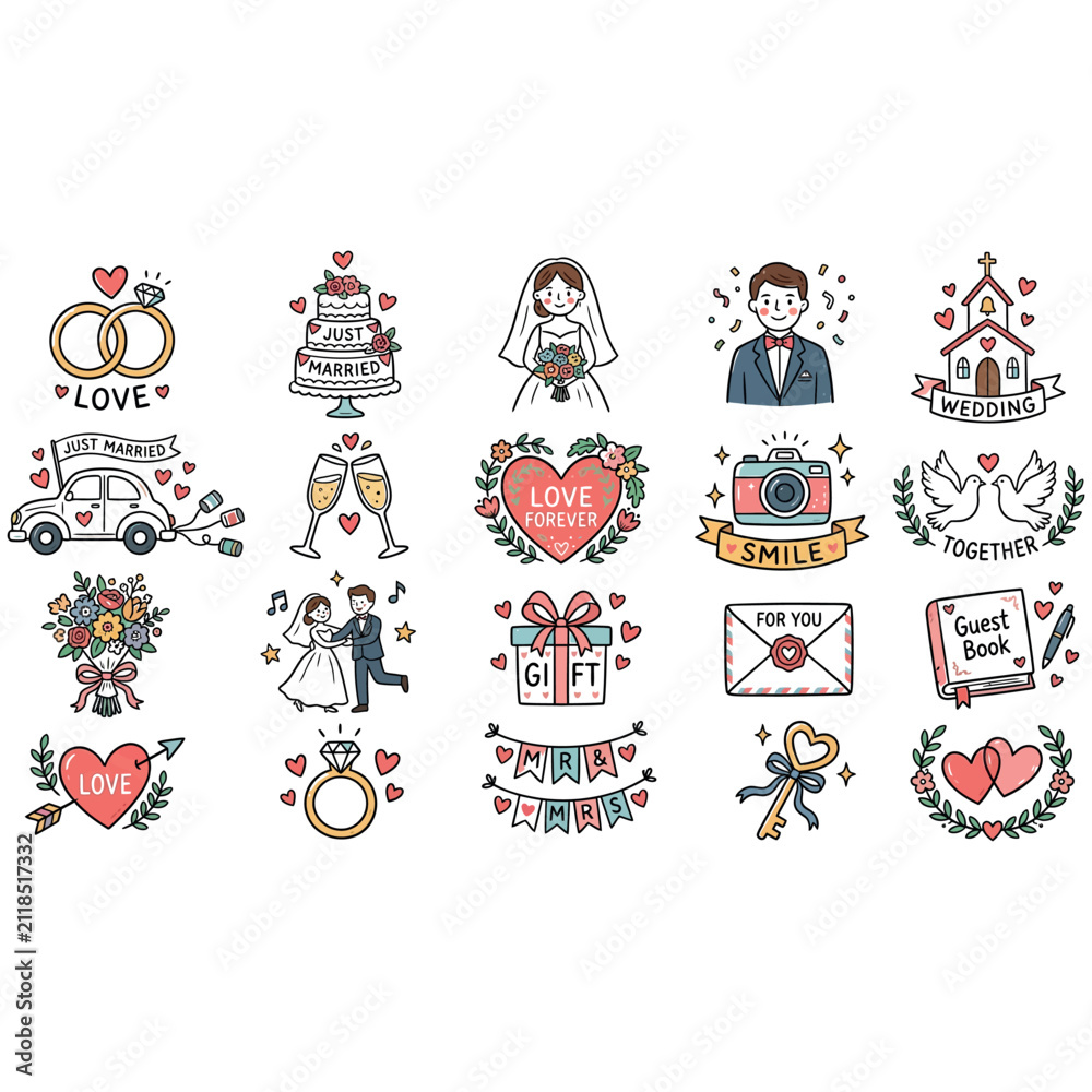 Fototapeta premium Wedding Love Icons Doodle vector illustration print