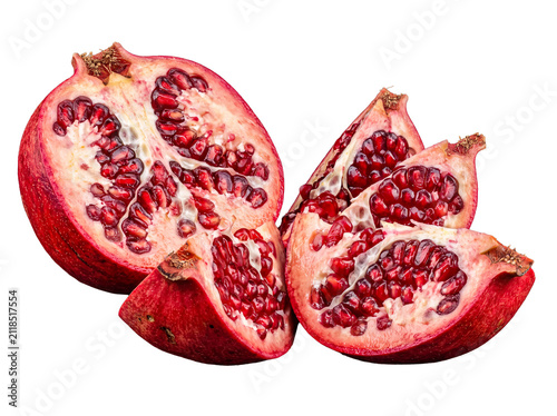 Fresh halved pomegranate with separate wedges, revealing juicy seeds, vibrant and isolated on transparent background.