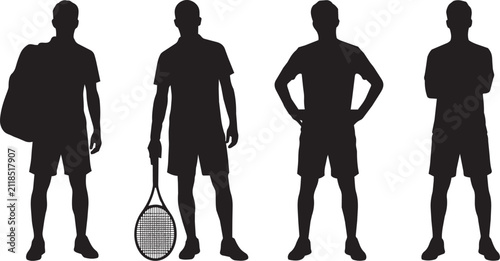 Front View Tennis Player Silhouettes in Confident Standing Poses with Racket and Sports Bag Isolated on White

Set of four male tennis player silhouettes in clean, front-facing standing poses.