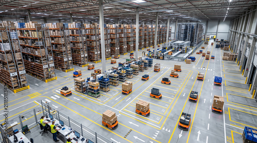 Modern automated warehouse logistics with digital inventory management and supplychain automation using autonomous guided vehicles and robots for efficient distribution center operations.