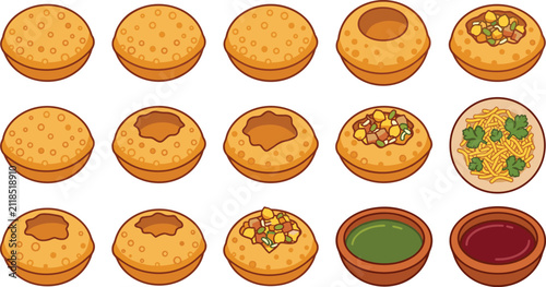 Принти на полотні Indian Panipuri Street Food Vector Illustration Set with Hollow Puri Shells Pota