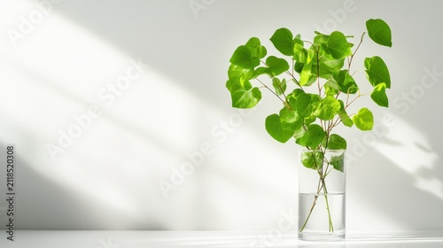 Minimalist Greenery: A single sprig of vibrant green leaves rests in a clear glass vase, casting dappled shadows on a clean, bright background, symbolizing growth and purity.