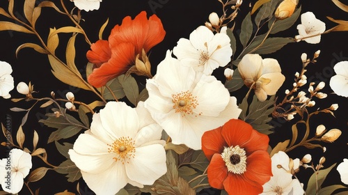 Vintage Floral Arrangement: A beautiful arrangement of blooming white and red flowers with delicate green leaves and tiny white buds on a dark background, exuding a classic and elegant charm.