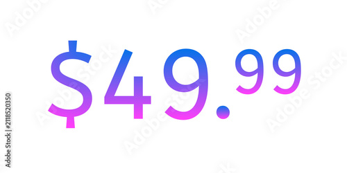 Modern Price tag $49.99 dollars vibrant blue and pink gradient on transparent background. Minimalist pricing design representing psychological pricing e-commerce, online shopping