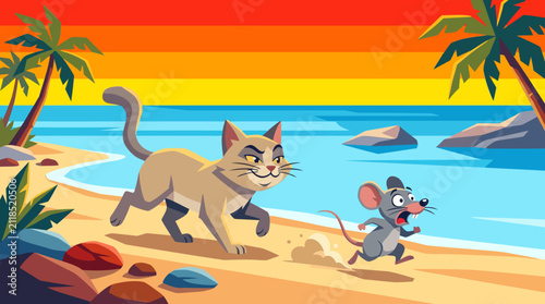 фотографія Original cartoon cat and mouse enjoying playful chase along sunny beach, amusing expressions, colorful seaside landscape, lively action, vibrant vector illustration, premium background
