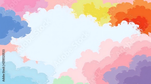 Colorful watercolor cloud border frame with blank white center ideal for text overlay in soft rainbow tones