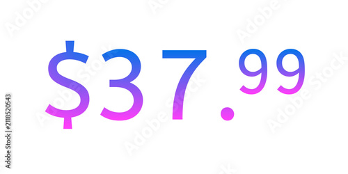 Modern Price tag $37.99 dollars vibrant blue and pink gradient on transparent background. Minimalist pricing design representing psychological pricing e-commerce, online shopping