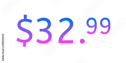 Modern Price tag $32.99 dollars vibrant blue and pink gradient on transparent background. Minimalist pricing design representing psychological pricing e-commerce, online shopping