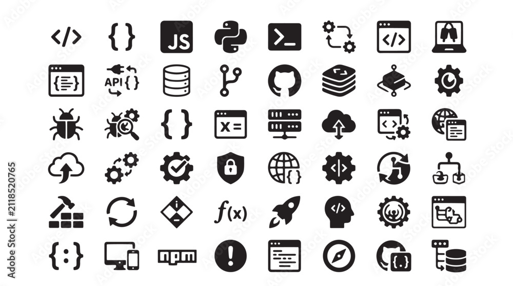 Fototapeta premium Software development icons set, 48 programming and coding vector symbols, black solid web design elements for app interface and data engineering