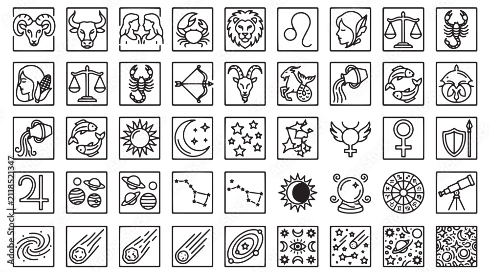 Obraz premium Zodiac signs and astrology line icons set, 50 celestial horoscope symbols, minimalist mystical astronomy vector elements for fortune telling