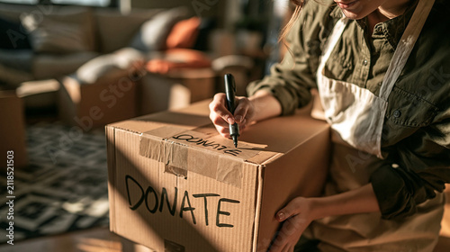 Preparing for Donation: A person is writing on a cardboard box labeled DONATE, surrounded by other boxes, suggesting a move or a charity drive.