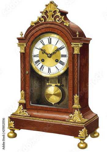 majestic 18th-century vintage mantel clock, dark mahogany wood and golden brass filigree, high-detail watercolor illustration on a transparent background, concept of historical elegance and nostalgia