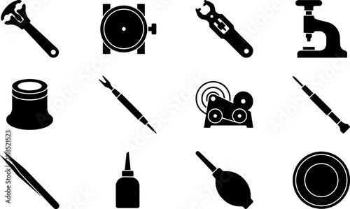 Quadro su tela Watchmaker tools icons set featuring loupe case opener tweezers screwdriver and
