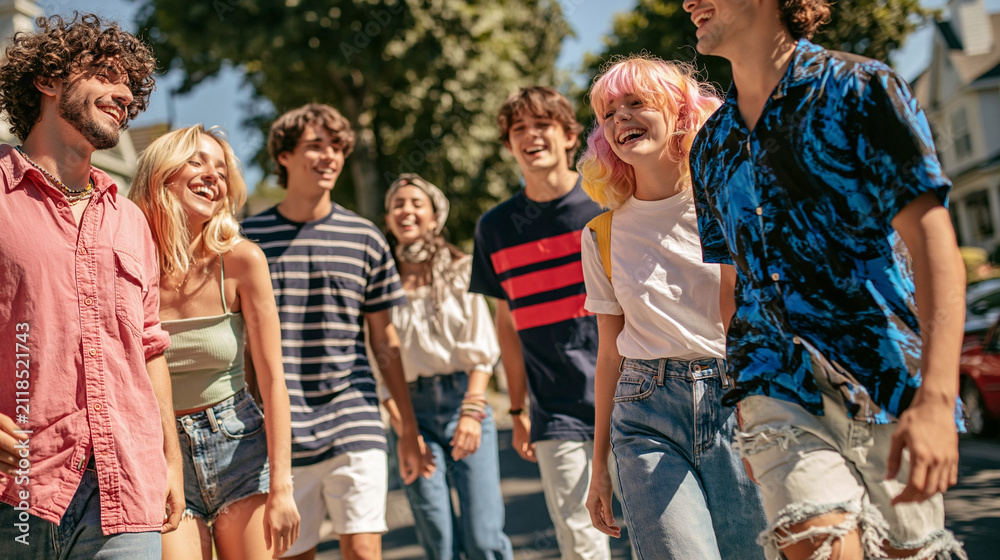 Naklejka premium A vibrant group of young friends, radiating joy and camaraderie, stroll down a sun-drenched street, their laughter echoing in the warm summer air.