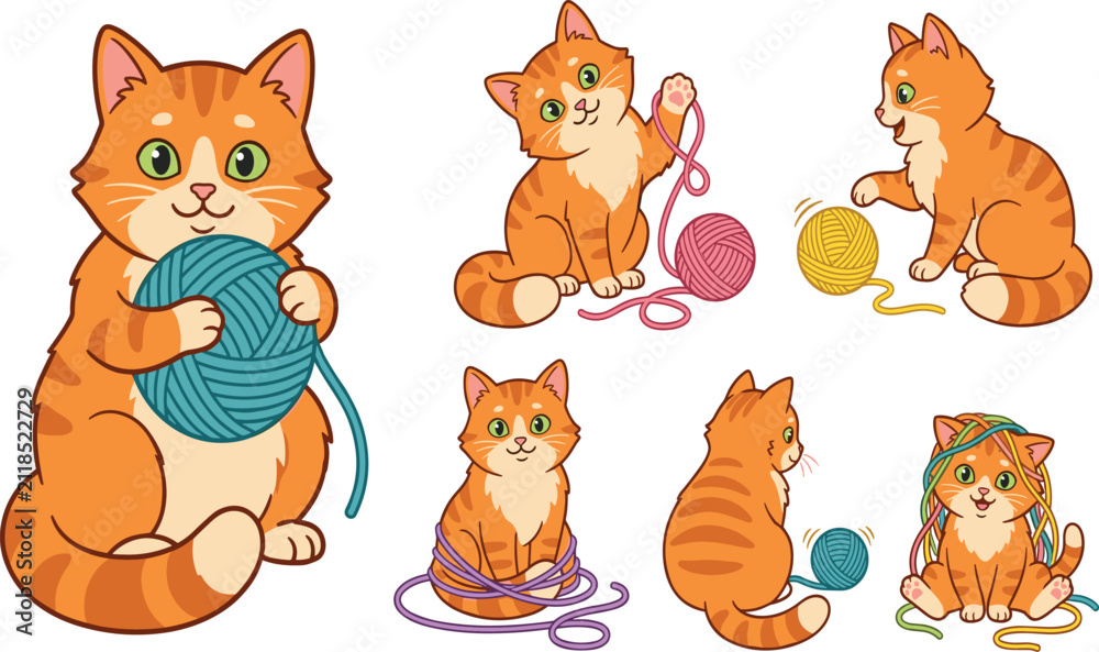 Obraz premium Cute Ginger Kitten Vector Set with Playful Tabby Cat Characters Tangled in Colorful Balls of Yarn and Clew Threads for Childish Graphic Designs