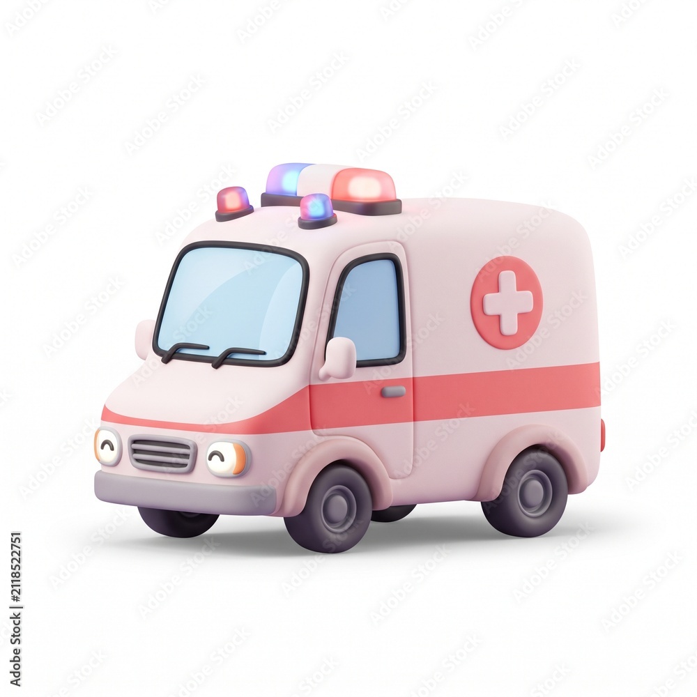 Fototapeta premium Ambulance Emergency Vehicle Medical 3D Smooth Rounded Pastel White Red Professional Digital Illustration