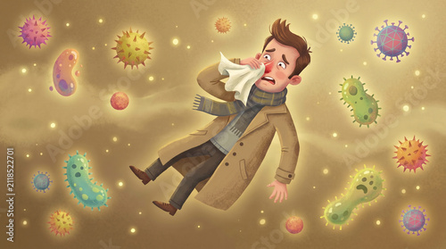 Autumn allergy. Floating man wiping nose surrounded by flying bacteria.