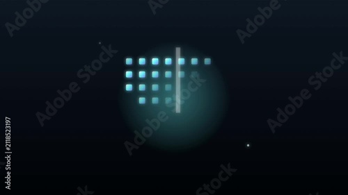 Digital loading progress indicators showing glowing blue squares with vertical moving scan line animation