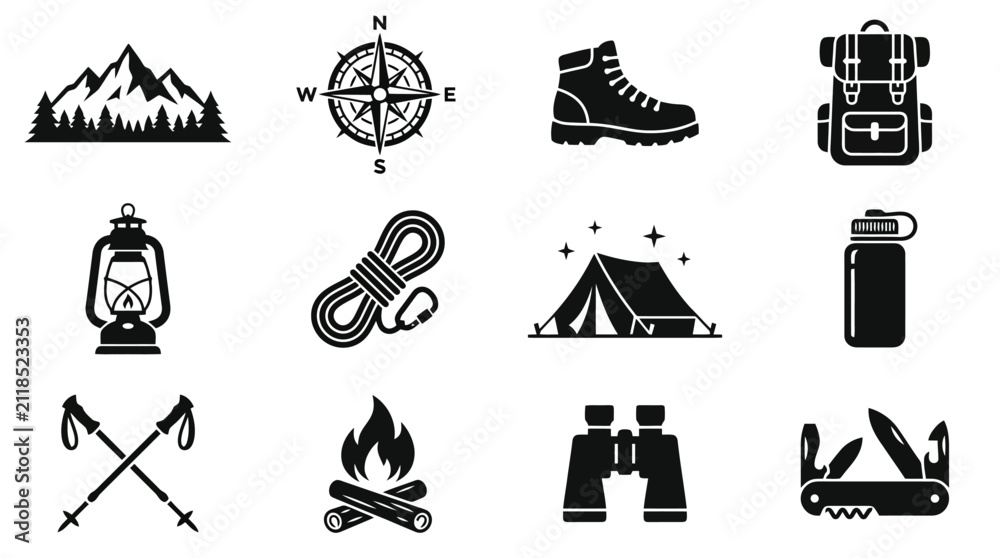 Fototapeta premium Camping and Hiking Icon Set Vector - Mountain, Compass, Boot, Backpack, Lantern, Tent, Campfire, Binoculars, Swiss Knife, Trekking Pole Clipart Black Silhouette for Outdoor Adventure