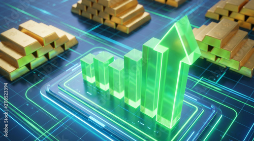 Increasing gold value. gold bars with rising financial chart.
