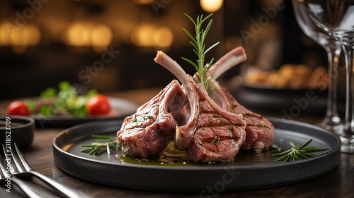 Grilled lamb chops with rosemary on black ceramic plate