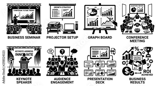 Professional Business Presentation Vector Set with Presenter, Audience, Conference Meeting, Projector, Graph Board, Seminar Scenes, Editable EPS 10