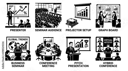 Professional Business Presentation Vector Set with Presenter, Audience, Conference Meeting, Projector, Graph Board, Seminar Scenes, Editable EPS 10