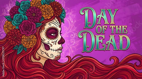 Day of the dead woman with skull makeup and flower crown portrait celebration