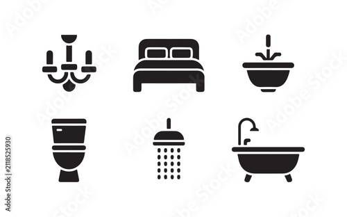 Принти на полотні Set of luxury hotel room icons featuring bed chandelier bathtub shower toilet and washbowl unit