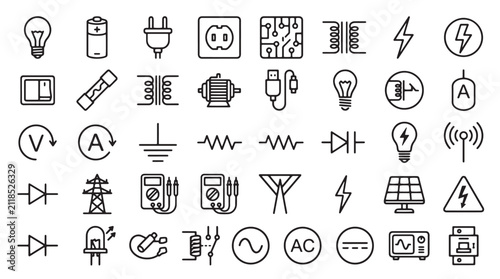 Minimalist electrical engineering icons set, 40 black line vector symbols of power and electronics, industrial circuit and energy components