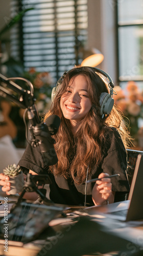 Young Woman Podcaster Recording Audio with Headphones and Microphone