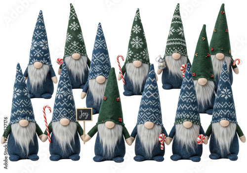 Twelve cute scandinavian nisser in plush blue/green felt and nordic hats, holding glowing lanterns and a 'joy' sign, high key studio photo isolated on white background. Concept for festive holiday