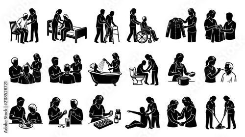 Elderly Care  Home Healthcare Glyph Icons Set. Caregiver Assistance for Seniors, Patient Support  Daily Living Activities.
