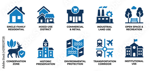 Quadro su tela Set of urban planning and land use icons showing residential commercial and industrial development zones Minimal solid fill icon set bundle collection
