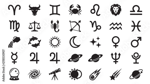 Foto Zodiac signs and astrology symbols set, black celestial icons collection, 35 hor