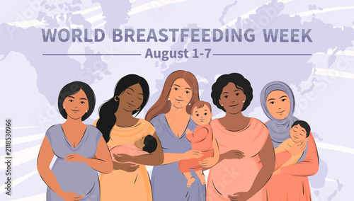 Breastfeeding and motherhood. World Breastfeeding Week. Group of pregnant women and women with children. Vector illustration