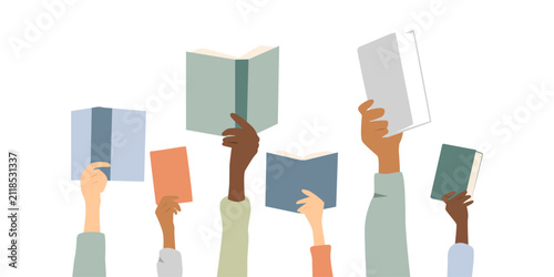 Hands holding books. Modern colourful design.	