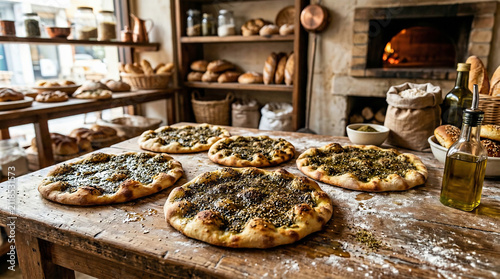 Traditional Italian pizzas topped with spinach and cheese on a rustic wooden table inside an authentic wood-fired pizzeria kitchen.