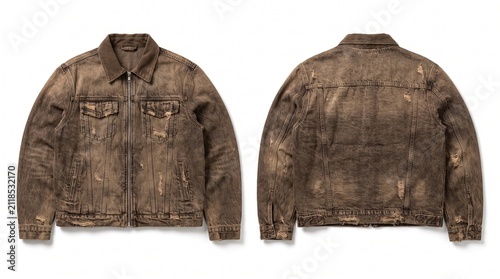 Bild auf Leinwand Front and back view of a stylish brown distressed denim jacket.