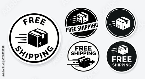 A flat illustration set of five free shipping circular badges a flat illustration