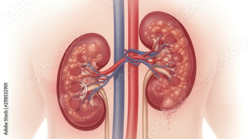 Cyst concept ,Renal system with kidney stones causing blockage and damage, showing ureter and blood vessels clearly